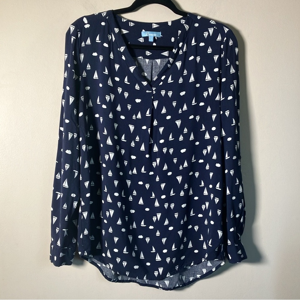 Penmans top navy blue white nautical sailboat print coastal women’s size 8
